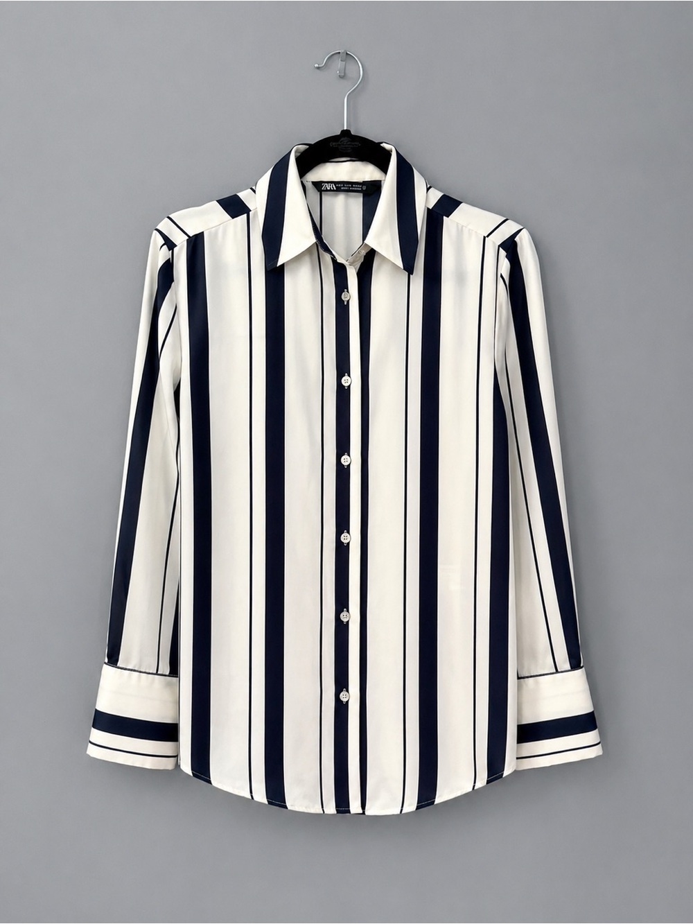 ZARA Striped Button Down Blouse | White & Navy | Size Small | Work or Date Night